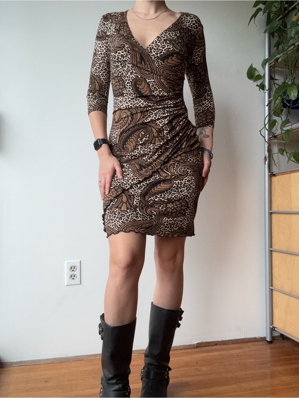 Joseph Ribkoff Brown Paisley & Leopard Print Wrap Dress